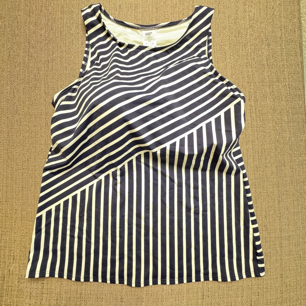 Lands End Womens 16L Navy White Striped Tankini Top Swimsuit Scoop Neck Nautical